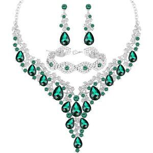 🆕Women Green Crystal Jewelry Statement Choker Necklace Earrings Bracelets Set